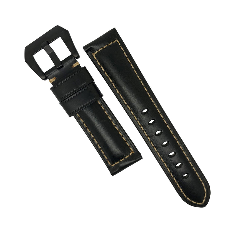 M2 Oil Waxed Leather Watch Strap in Black with Pre-V PVD Black Buckle (24mm) - Nomadstore Singapore
