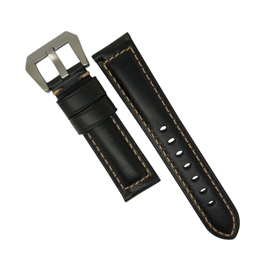 M2 Oil Waxed Leather Watch Strap in Black with Pre-V Silver Buckle (22mm) - Nomadstore Singapore