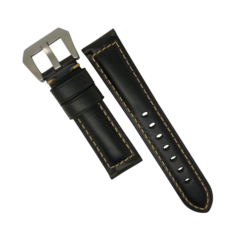 M2 Oil Waxed Leather Watch Strap in Black with Pre-V Silver Buckle (24mm) - Nomadstore Singapore