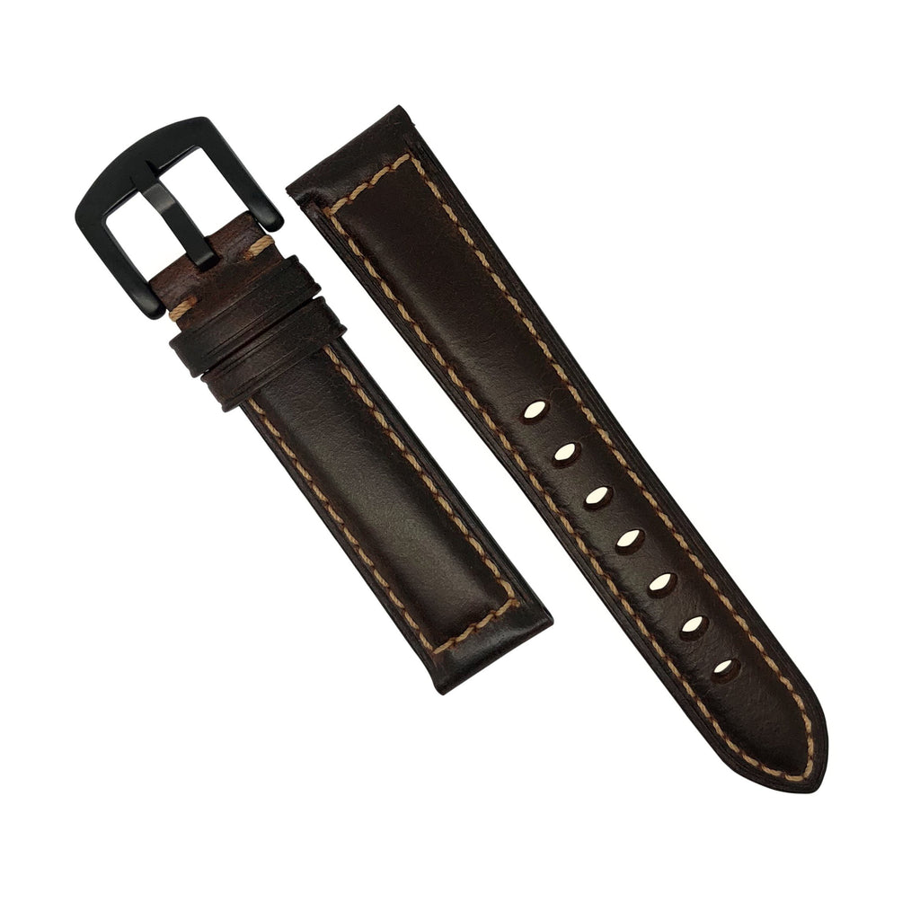M2 Oil Waxed Leather Watch Strap in Brown with PVD Black Buckle (20mm) - Nomadstore Singapore