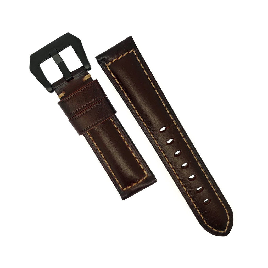 M2 Oil Waxed Leather Watch Strap in Brown with Pre-V PVD Black Buckle (22mm) - Nomadstore Singapore