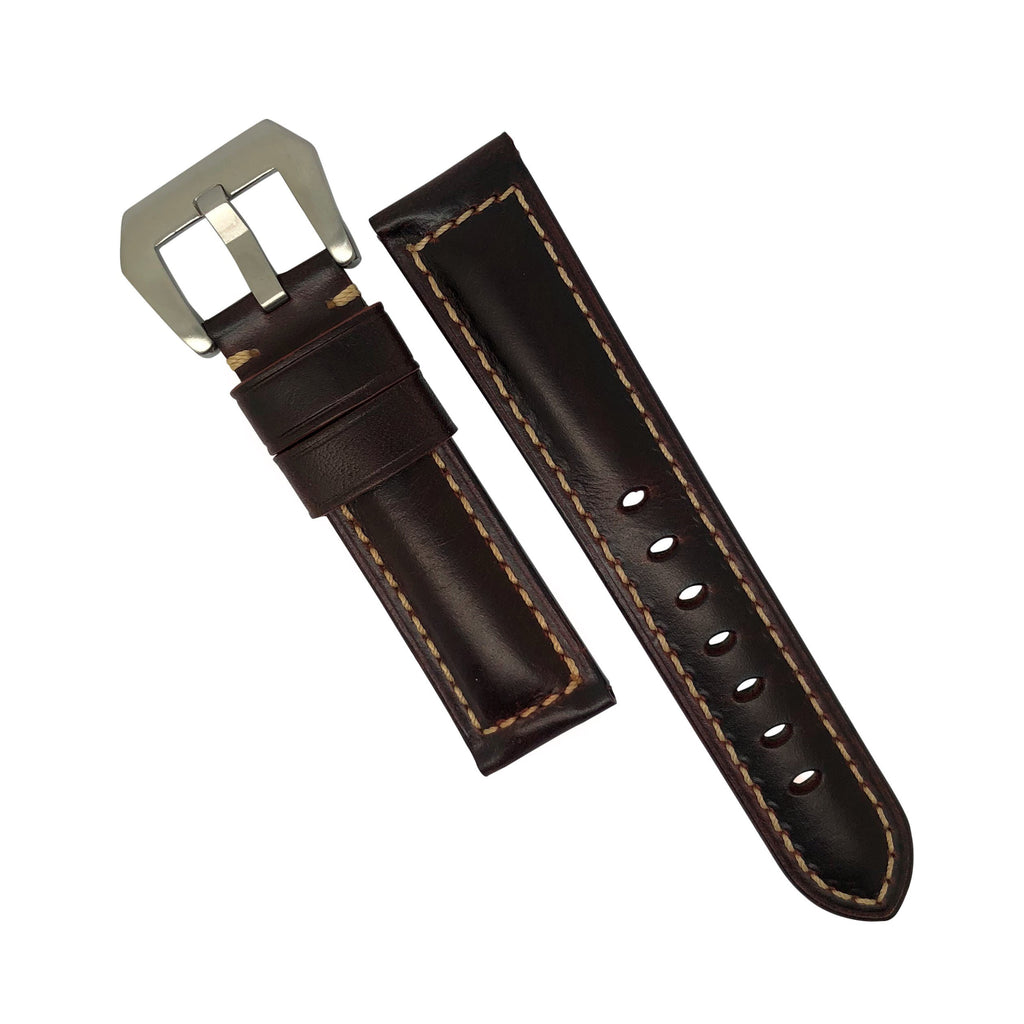M2 Oil Waxed Leather Watch Strap in Brown with Pre-V Silver Buckle (24mm) - Nomadstore Singapore