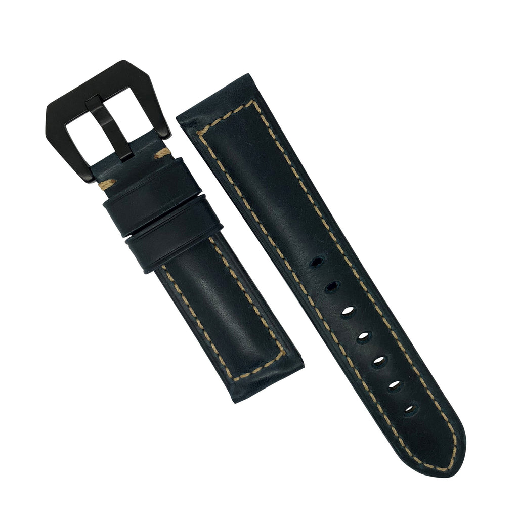 M2 Oil Waxed Leather Watch Strap in Navy with Pre-V PVD Black Buckle (22mm)