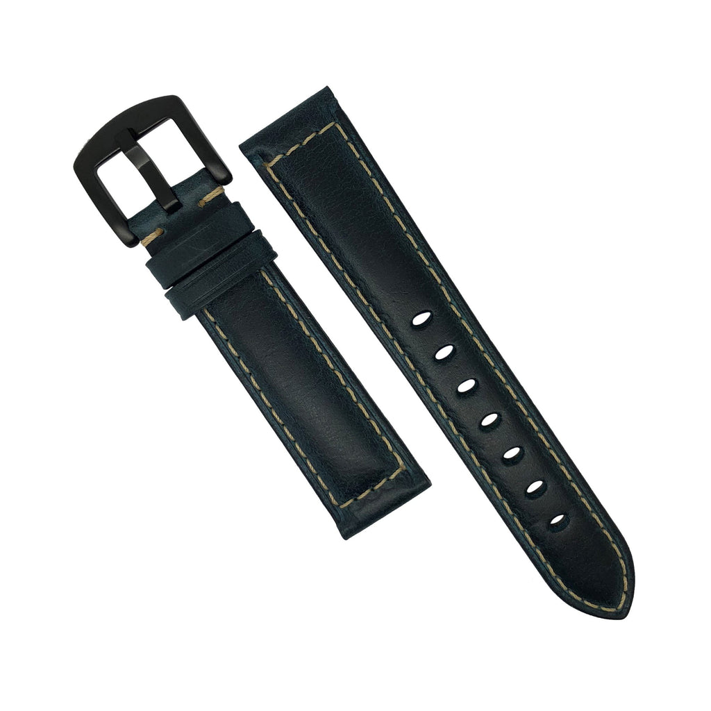 M2 Oil Waxed Leather Watch Strap in Navy with PVD Black Buckle (20mm)