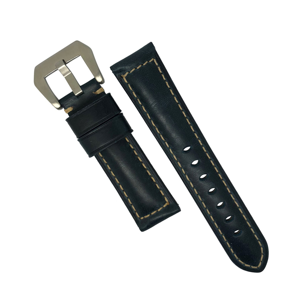 M2 Oil Waxed Leather Watch Strap in Navy with Pre-V Silver Buckle (22mm)
