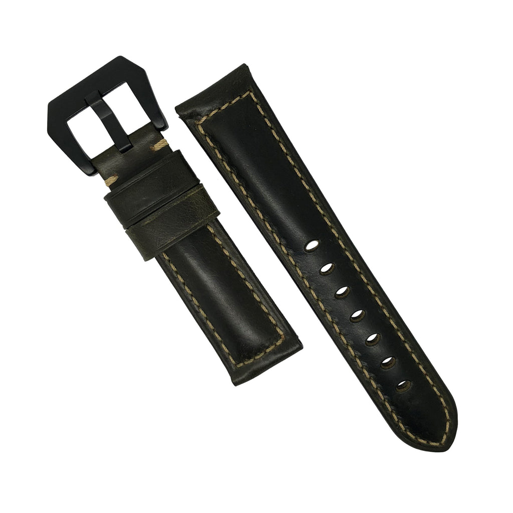 M2 Oil Waxed Leather Watch Strap in Olive with Pre-V PVD Black Buckle (22mm)