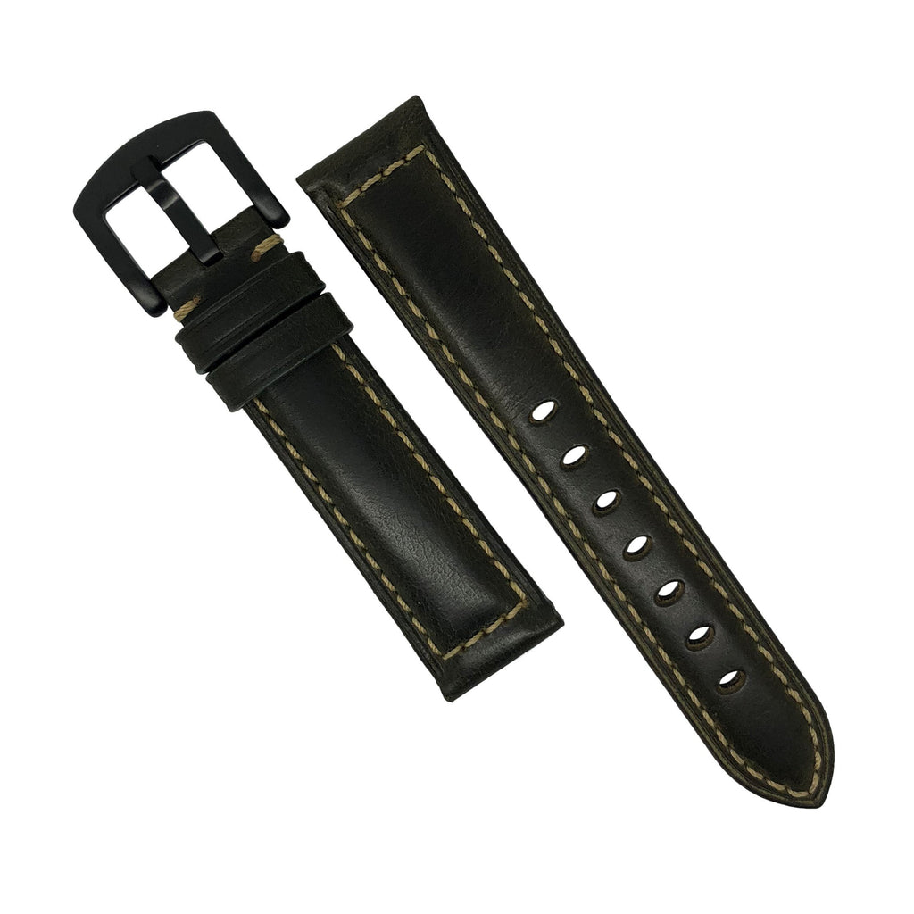 M2 Oil Waxed Leather Watch Strap in Olive with PVD Black Buckle (20mm)