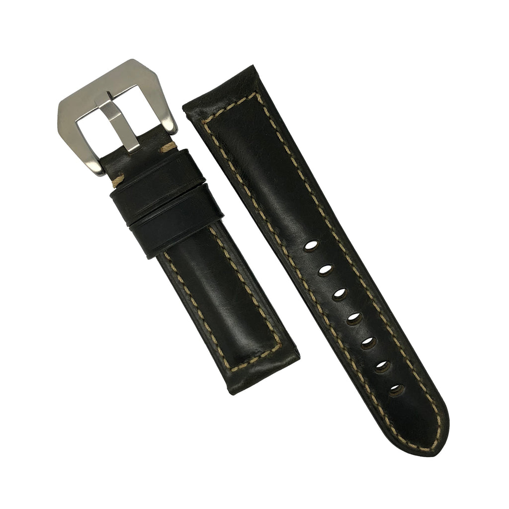 M2 Oil Waxed Leather Watch Strap in Olive with Pre-V Silver Buckle (22mm)