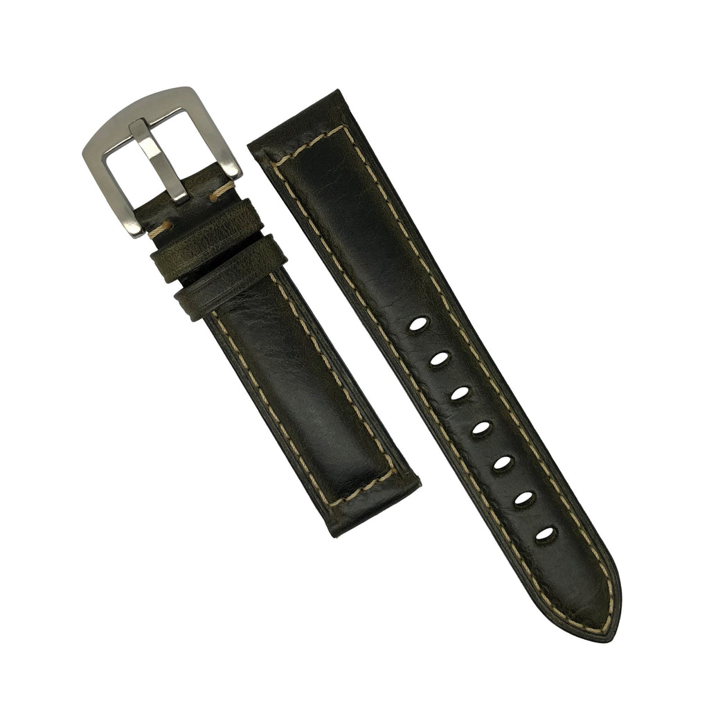 M2 Oil Waxed Leather Watch Strap in Olive with Silver Buckle (20mm)