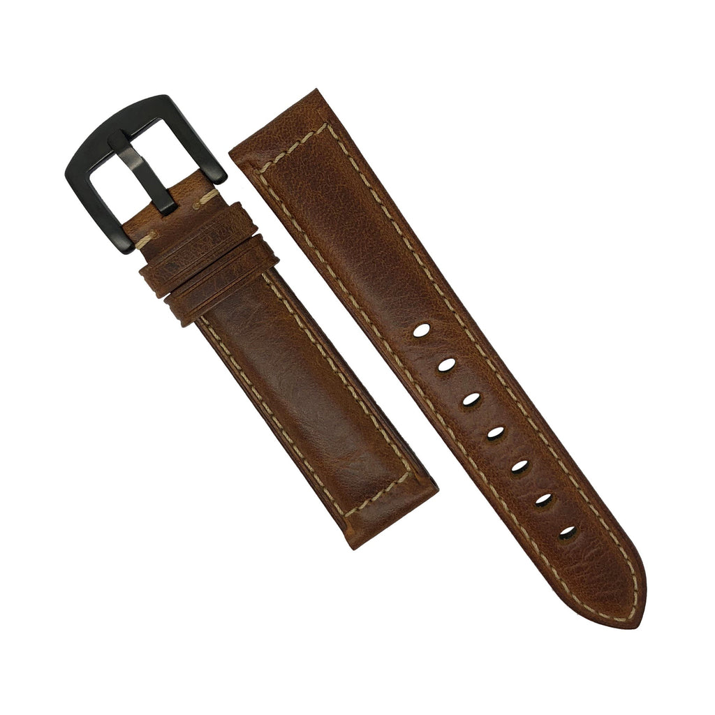M2 Oil Waxed Leather Watch Strap in Tan with PVD Black Buckle (20mm)