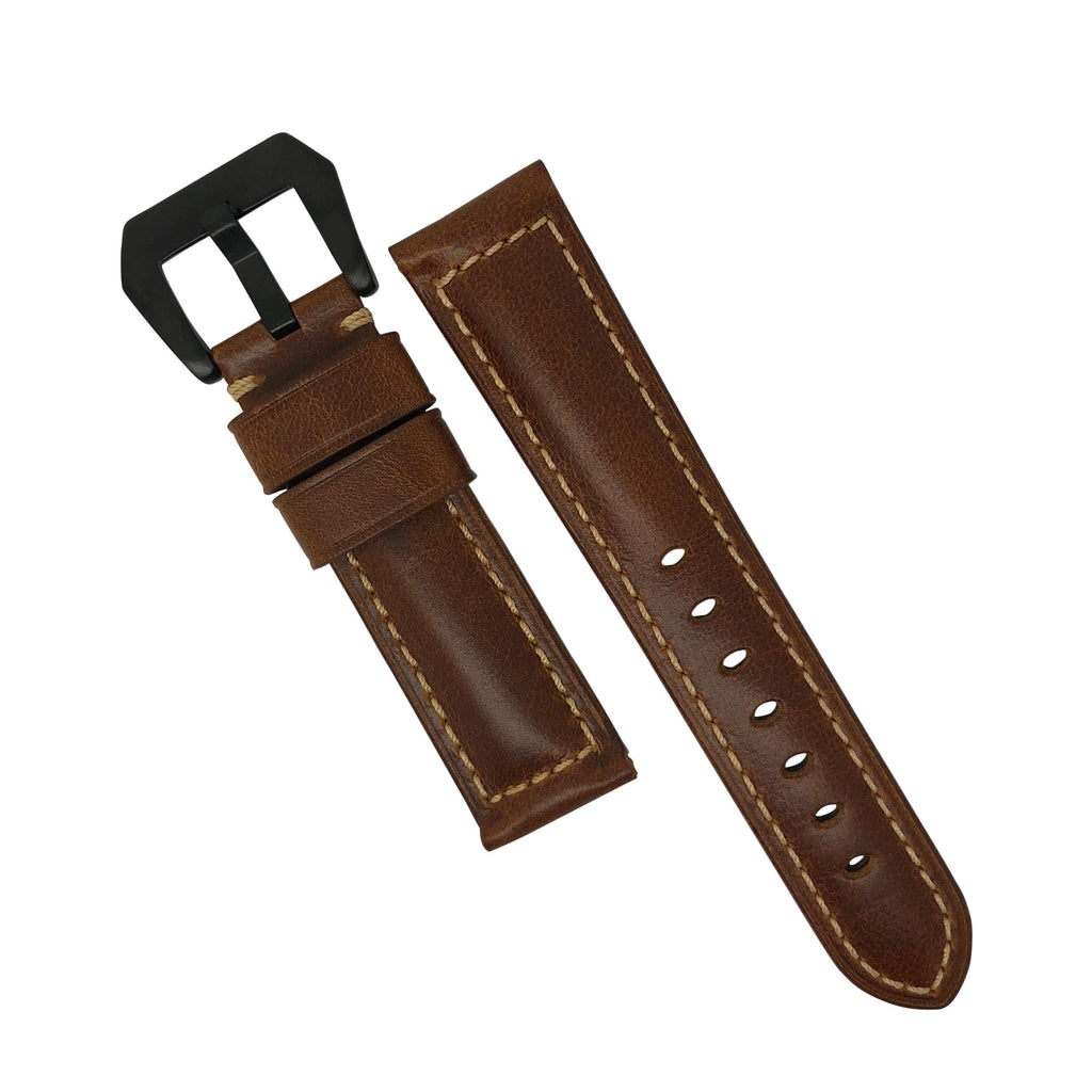 M2 Oil Waxed Leather Watch Strap in Tan with Pre-V PVD Black Buckle (24mm)