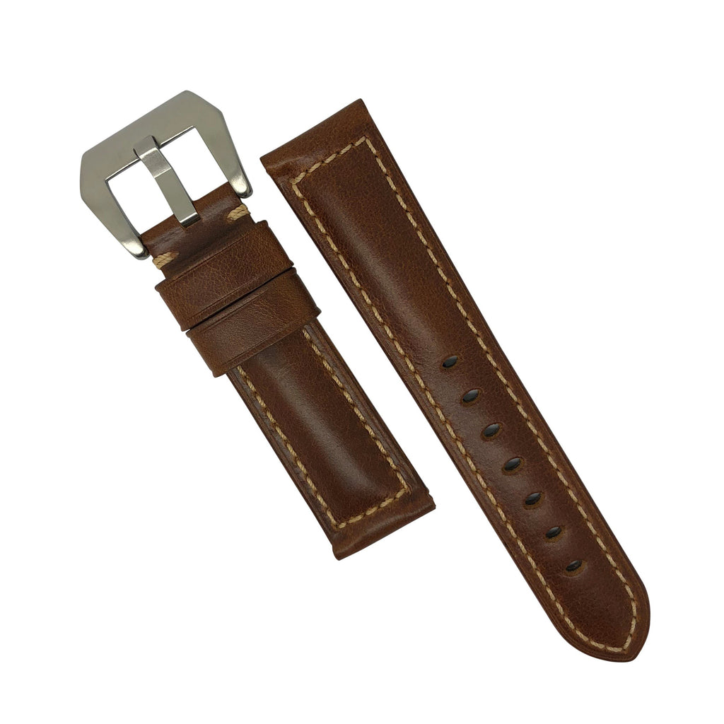 M2 Oil Waxed Leather Watch Strap in Tan with Pre-V Silver Buckle (22mm)