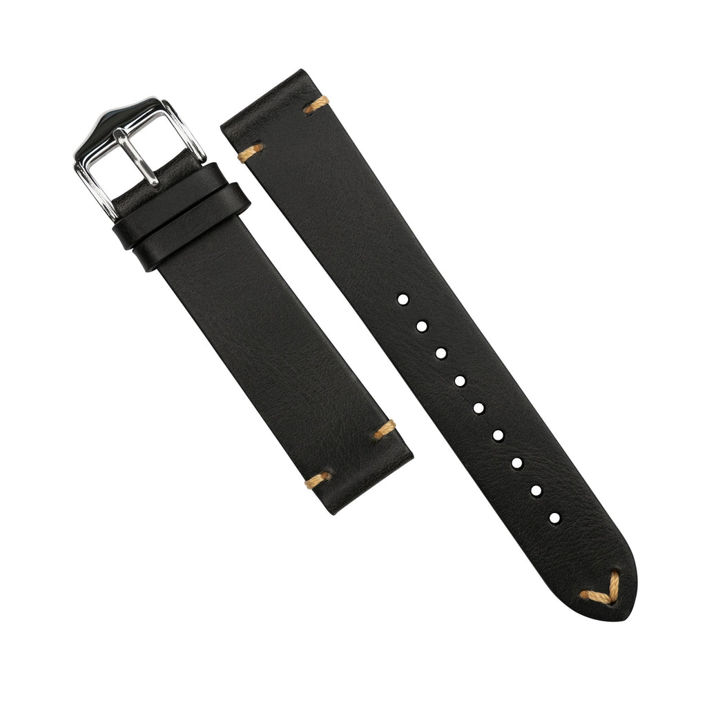 Premium Vintage Oil Waxed Leather Watch Strap in Black w/ Silver Buckle (20mm)