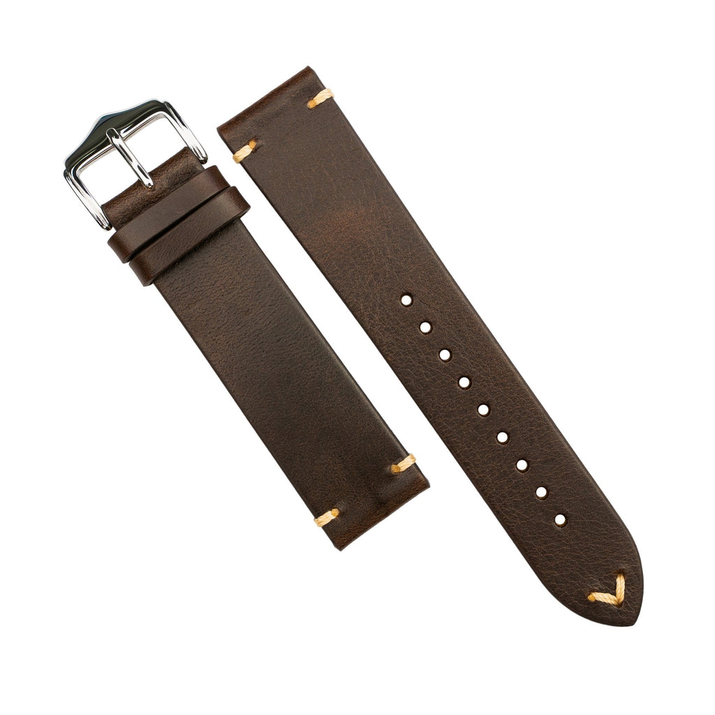 Premium Vintage Oil Waxed Leather Watch Strap in Brown w/ Silver Buckle (18mm)