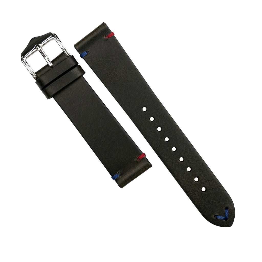 Premium Vintage Oil Waxed Leather Watch Strap in Black - Pepsi (20mm)