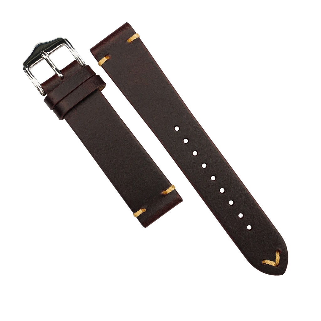 Premium Vintage Oil Waxed Leather Watch Strap in Maroon w/ Silver Buckle (22mm)