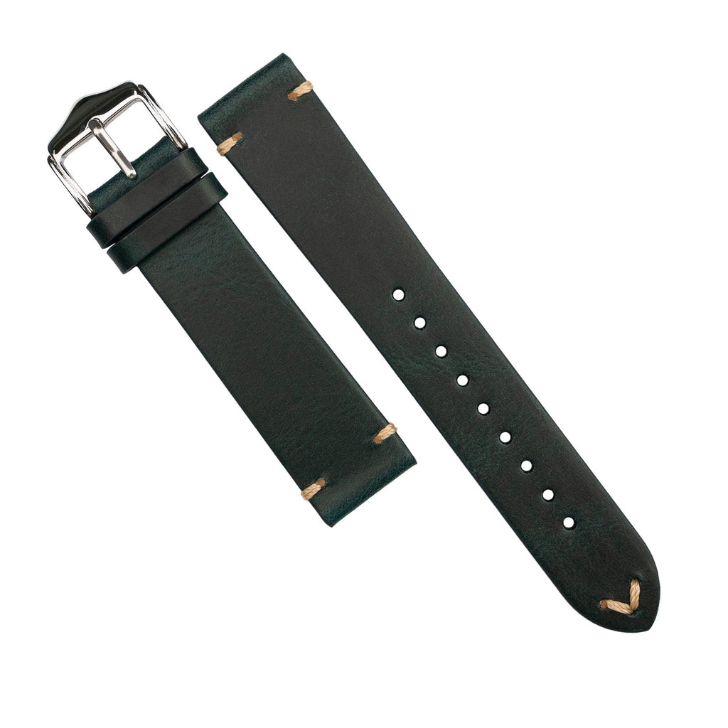 Premium Vintage Oil Waxed Leather Watch Strap in Navy w/ Silver Buckle (22mm)