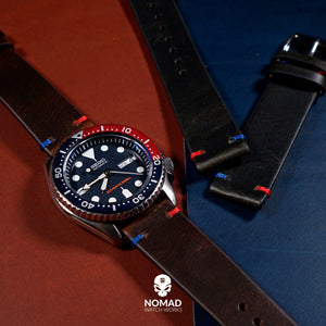 Premium Vintage Oil Waxed Leather Watch Strap in Black - Pepsi (20mm)