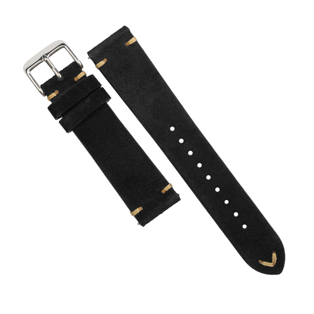 Premium Vintage Suede Leather Watch Strap in Black w/ Silver Buckle (18mm)