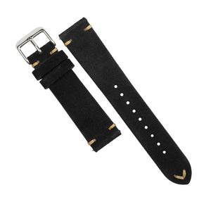 Premium Vintage Suede Leather Watch Strap in Black w/ Silver Buckle (20mm)