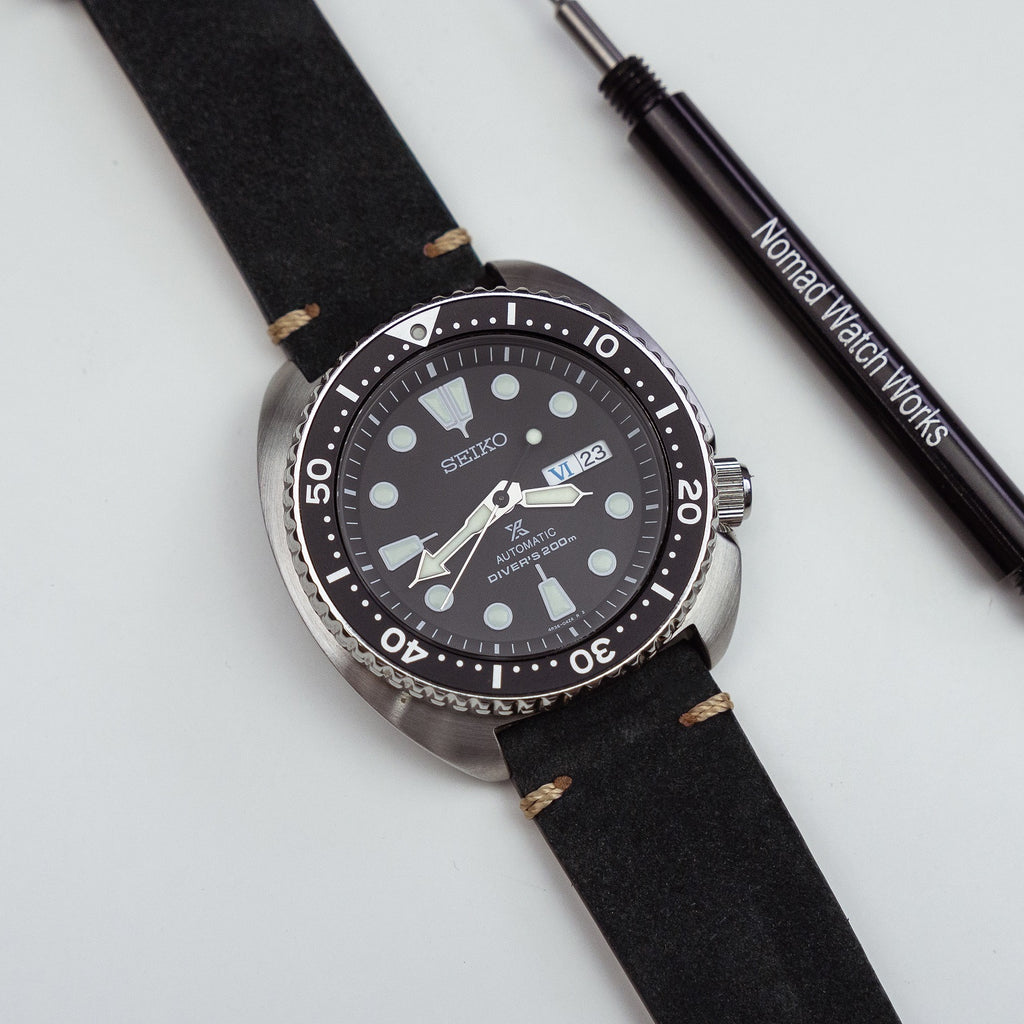 Premium Vintage Suede Leather Watch Strap in Black w/ Silver Buckle (18mm)