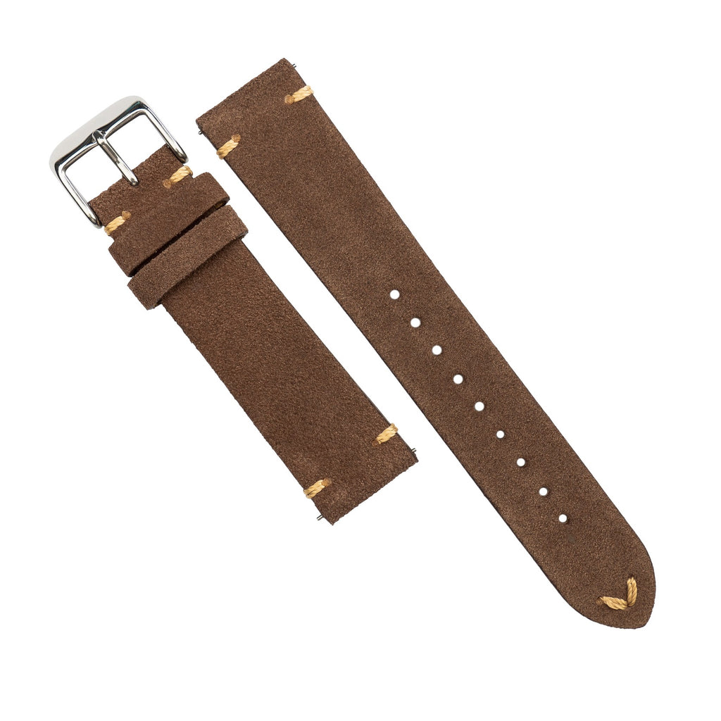 Premium Vintage Suede Leather Watch Strap in Brown w/ Silver Buckle (18mm)