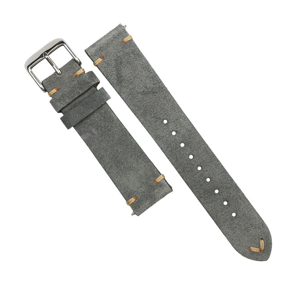 Premium Vintage Suede Leather Watch Strap in Grey w/ Silver Buckle (18mm)