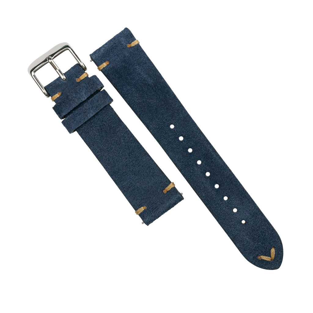 Premium Vintage Suede Leather Watch Strap in Navy w/ Silver Buckle (22mm)