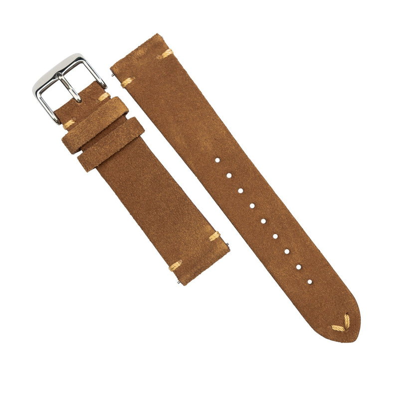 Premium Vintage Suede Leather Watch Strap in Tan w/ Silver Buckle (18mm)