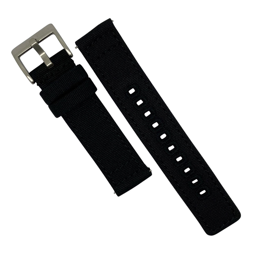 Quick Release Canvas Watch Strap in Black with Brushed Silver Buckle (22mm)