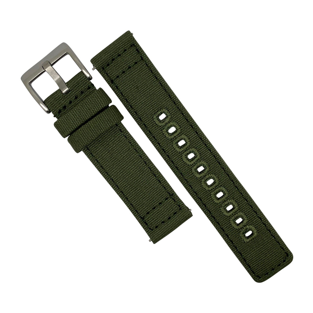 Quick Release Canvas Watch Strap in Olive with Brushed Silver Buckle (20mm)