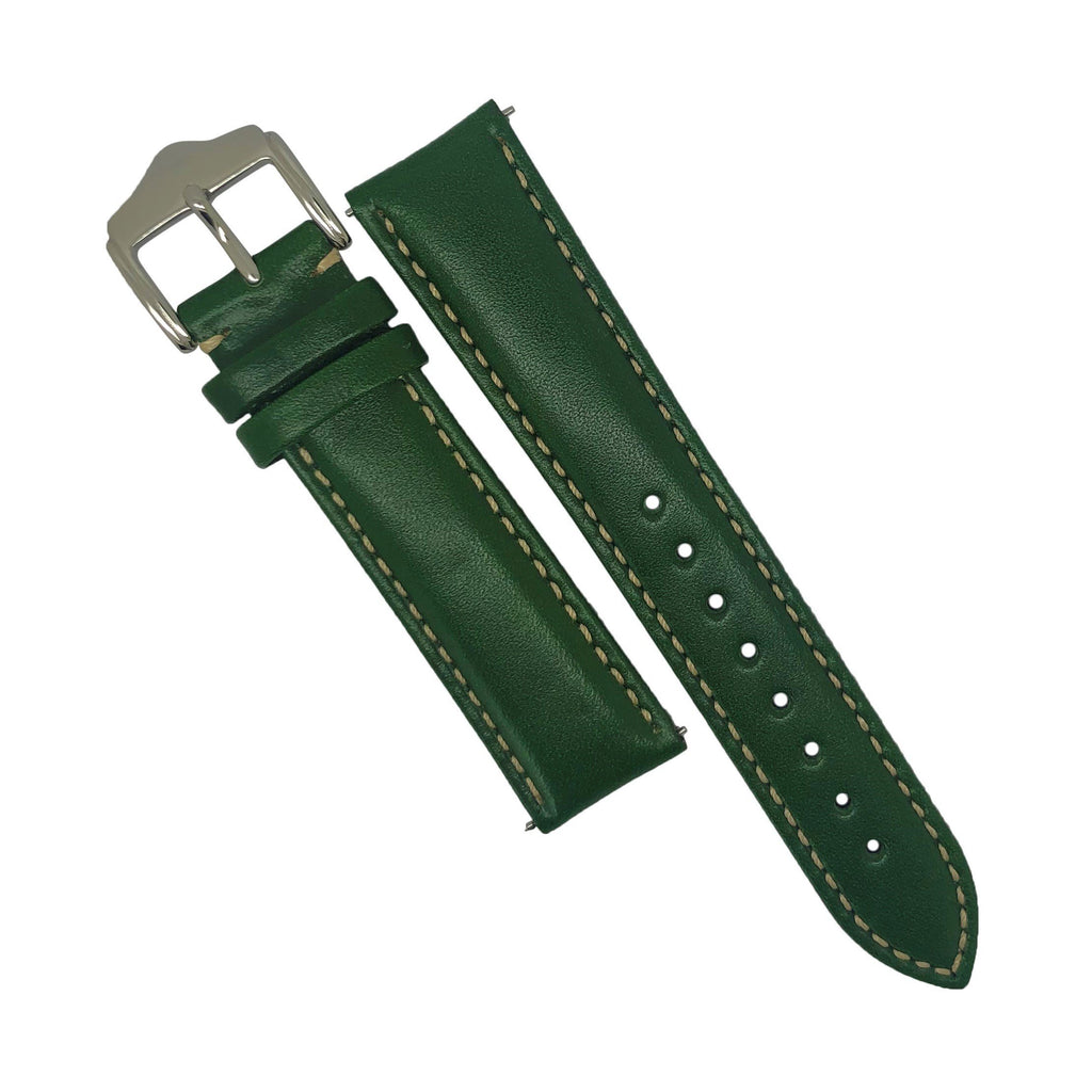 Quick Release Classic Leather Watch Strap in Green w/ Silver Buckle (20mm)