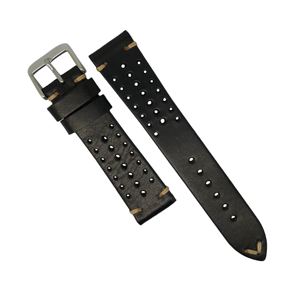Premium Rally Leather Watch Strap in Black w/ Silver Buckle (20mm)