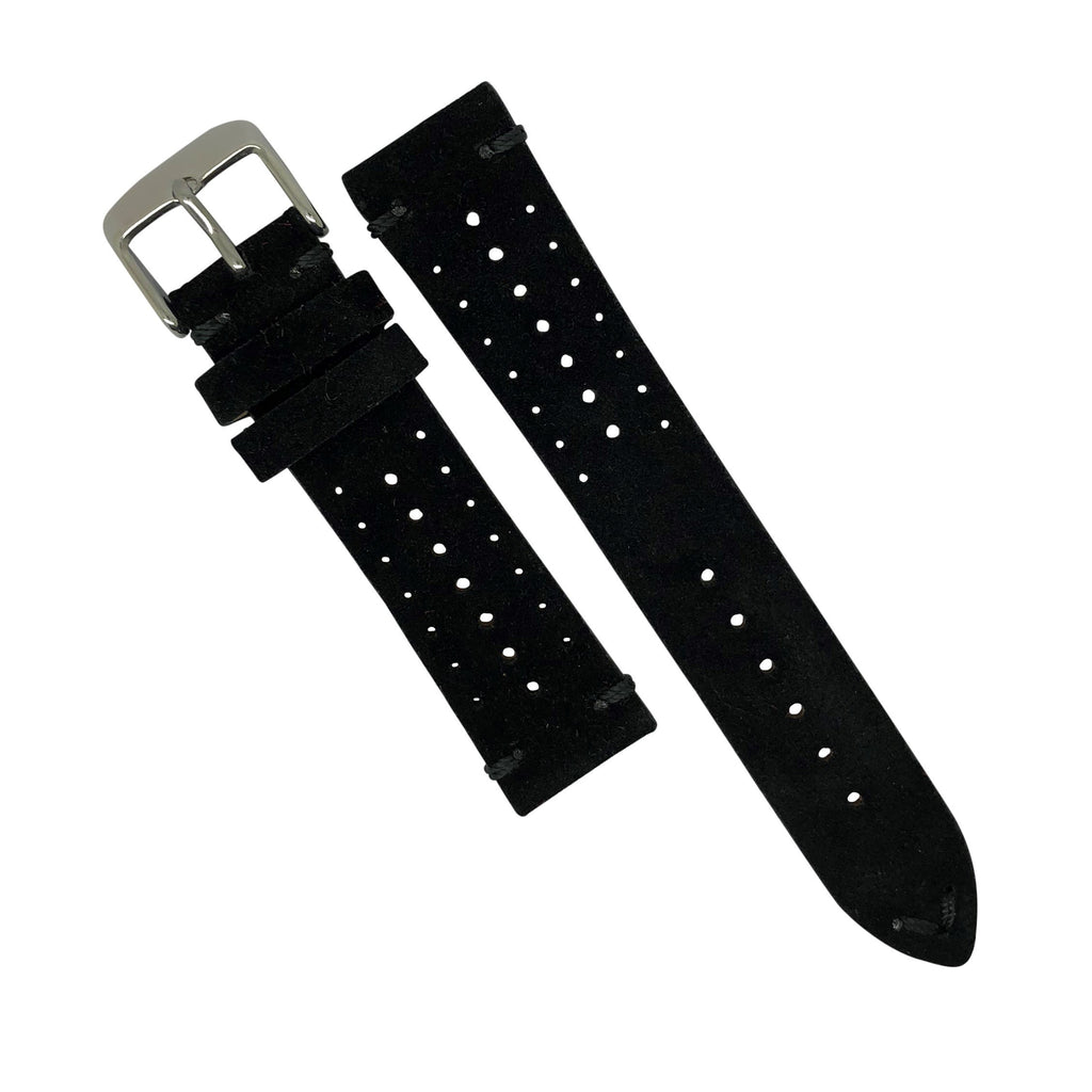 Premium Rally Suede Leather Watch Strap in Black w/ Silver Buckle (20mm)
