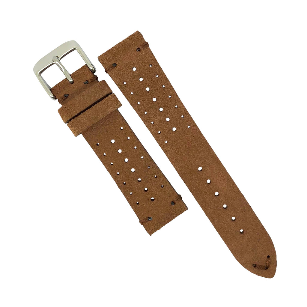 Premium Rally Suede Leather Watch Strap in Brown w/ Silver Buckle (22mm)