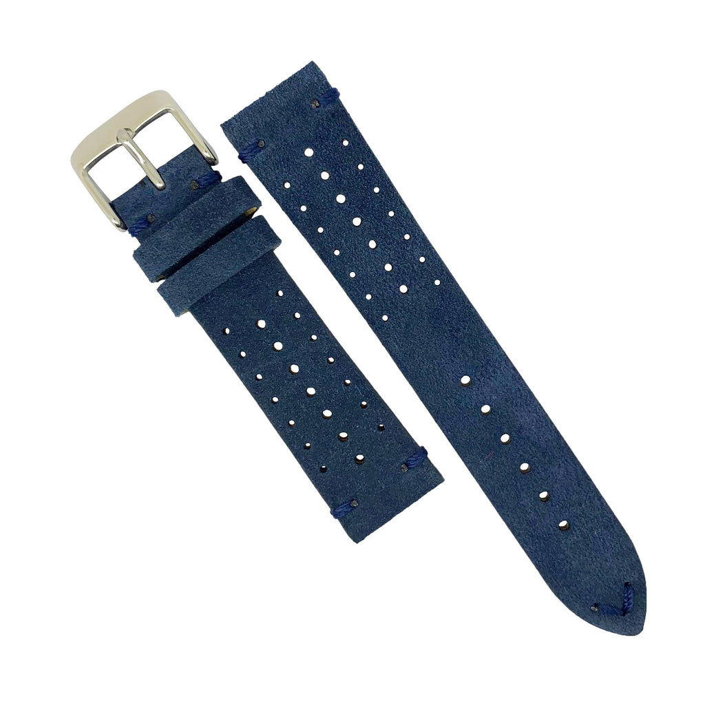 Premium Rally Suede Leather Watch Strap in Navy w/ Silver Buckle (22mm)