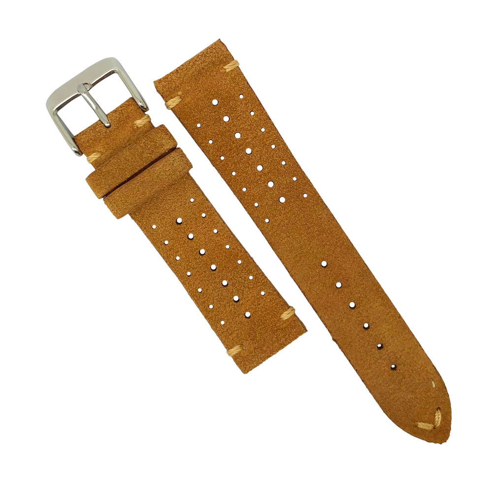 Premium Rally Suede Leather Watch Strap in Tan w/ Silver Buckle (20mm)