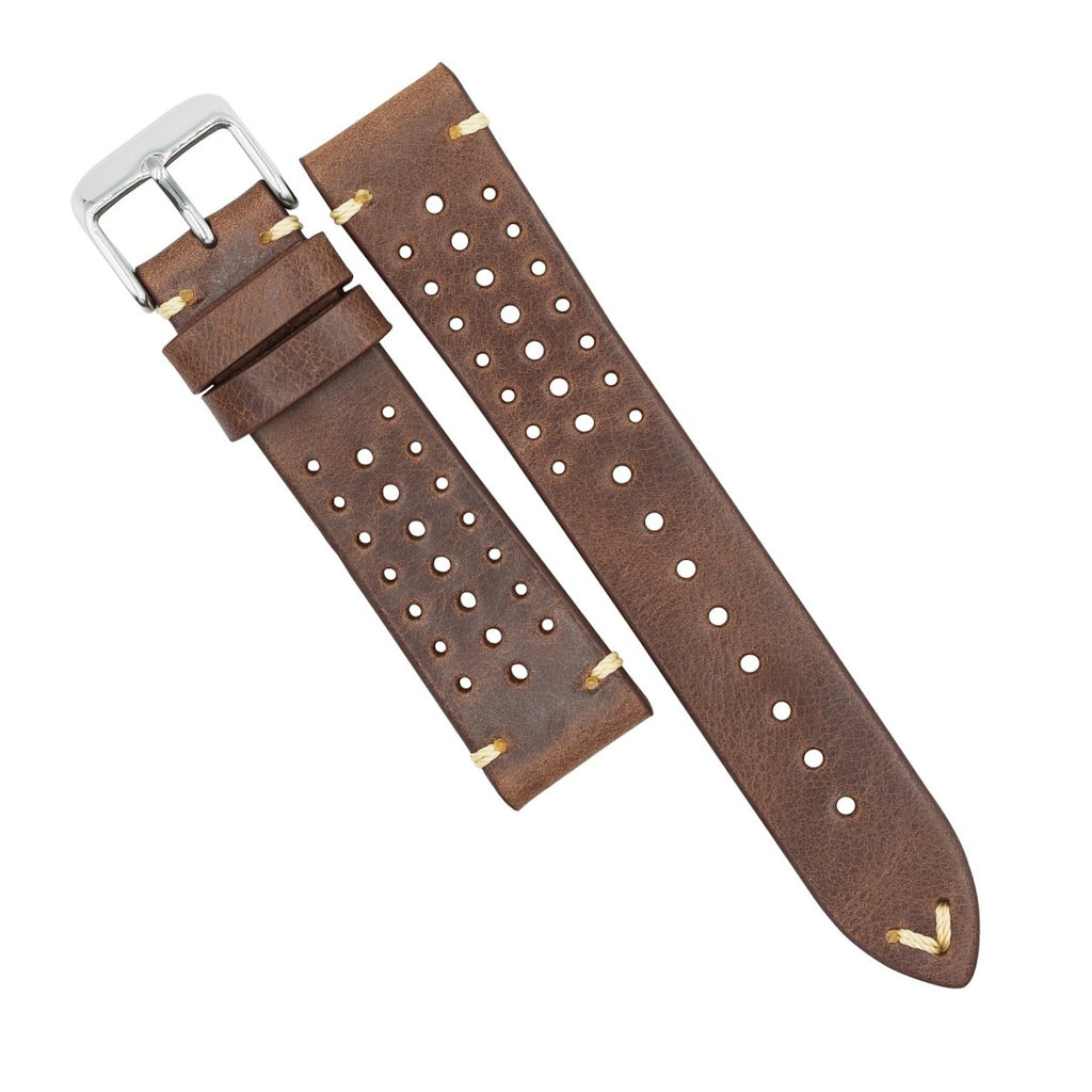 Premium Rally Leather Watch Strap in Tan w/ Silver Buckle (18mm)