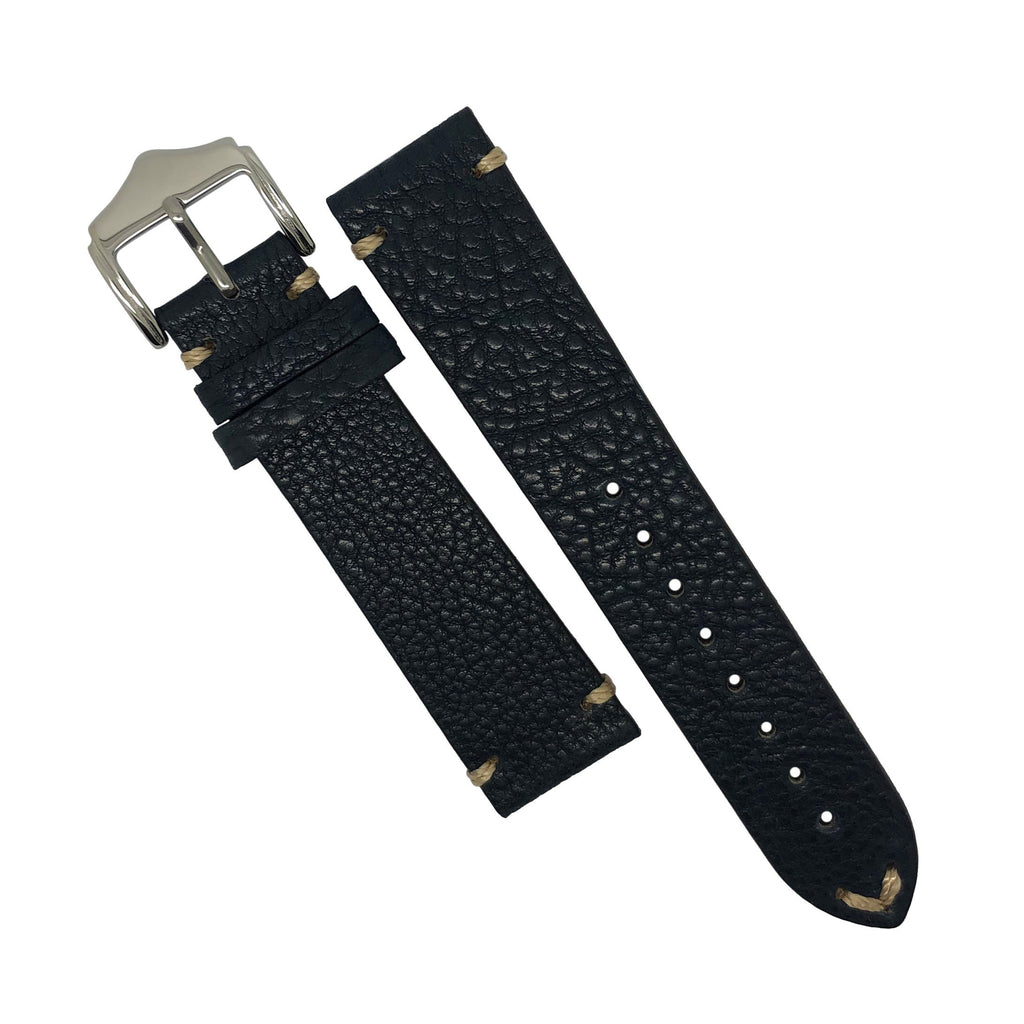 Premium Vintage Calf Leather Watch Strap in Pebble Navy w/ Silver Buckle (20mm)