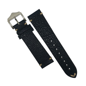 Premium Vintage Calf Leather Watch Strap in Pebble Navy w/ Silver Buckle (20mm)