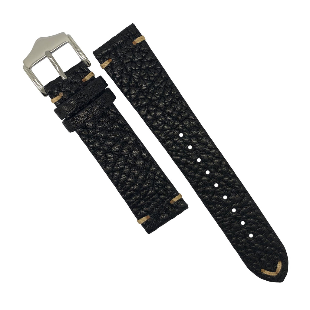 Premium Vintage Calf Leather Watch Strap in Distressed Black w/ Silver Buckle (20mm)