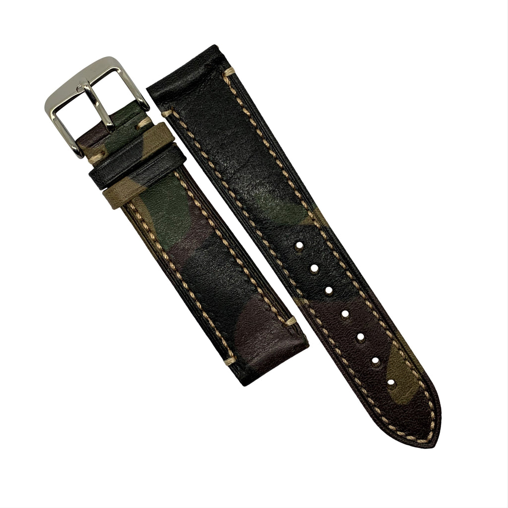 Premium Safari Leather Watch Strap in Army Camo w/ Silver Buckle (18mm)