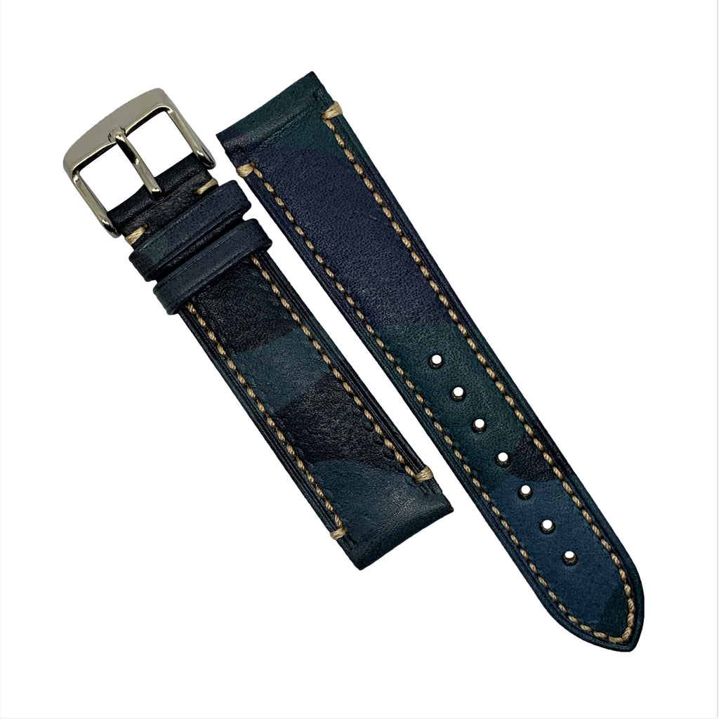 Premium Safari Leather Watch Strap in Blue Camo w/ Silver Buckle (18mm)