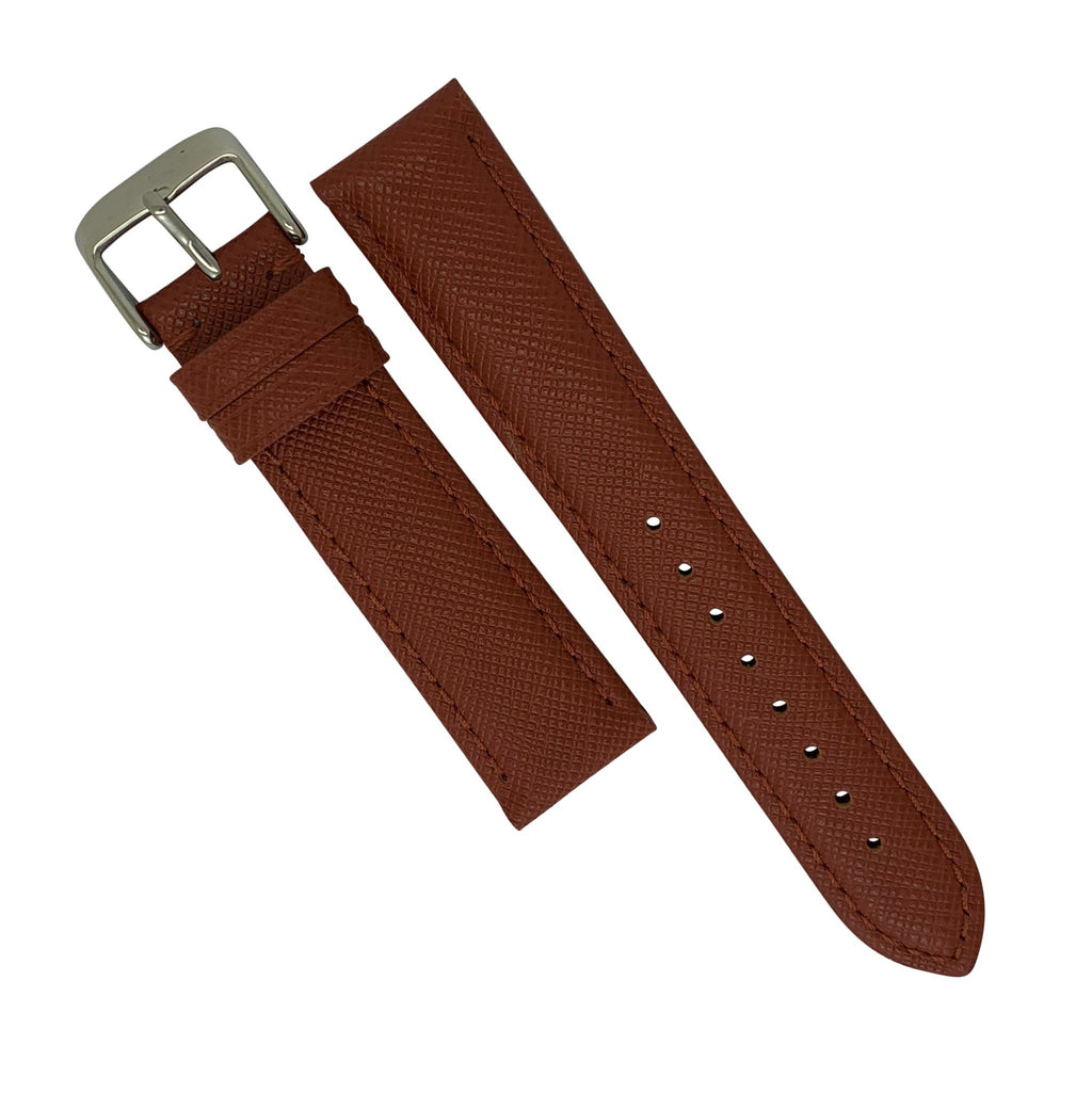 Premium Saffiano Leather Strap in Brown w/ Silver Buckle (18mm)