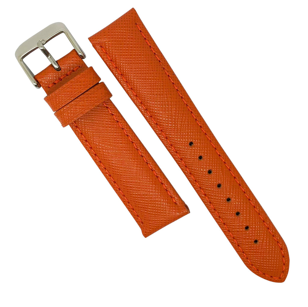 Premium Saffiano Leather Strap in Orange w/ Silver Buckle (20mm)