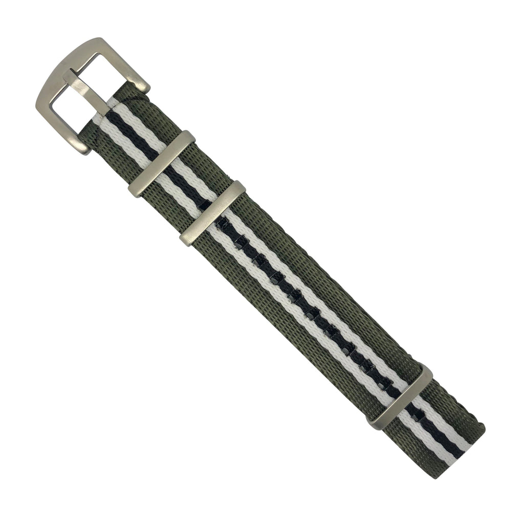 Seat Belt Nato Strap in Olive White Black with Brushed Silver Buckle (20mm)