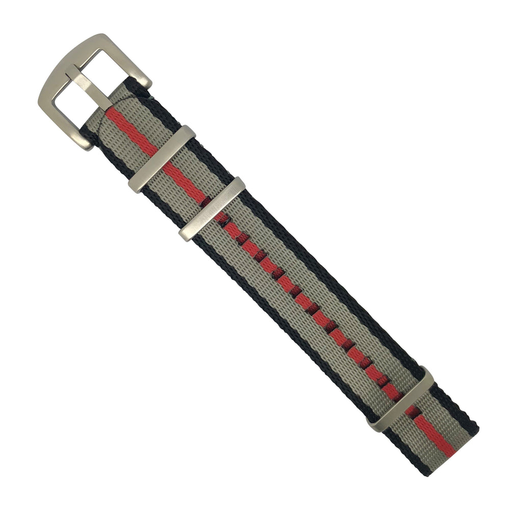Seat Belt Nato Strap in Black Grey Red with Brushed Silver Buckle (20mm)