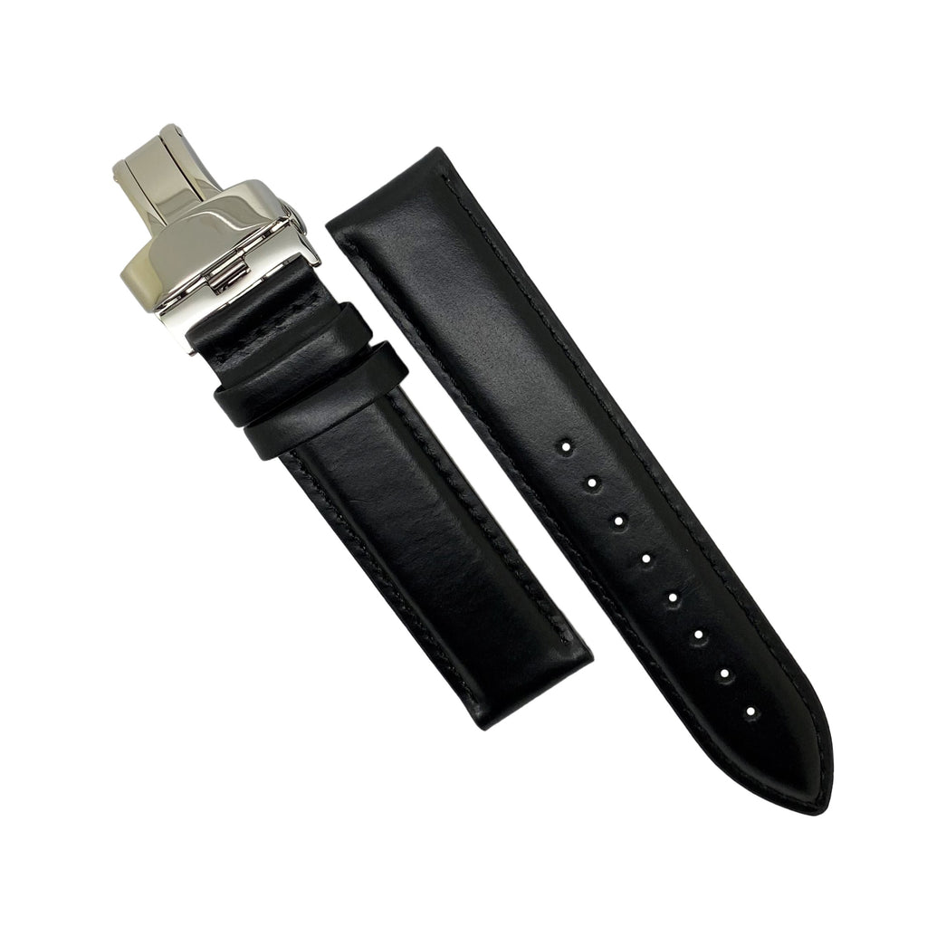 Genuine Smooth Leather Watch Strap in Black w/ Butterfly Clasp (18mm)