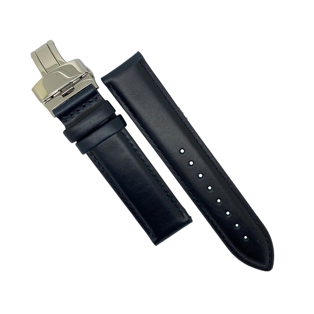 Genuine Smooth Leather Watch Strap in Navy w/ Butterfly Clasp (18mm)