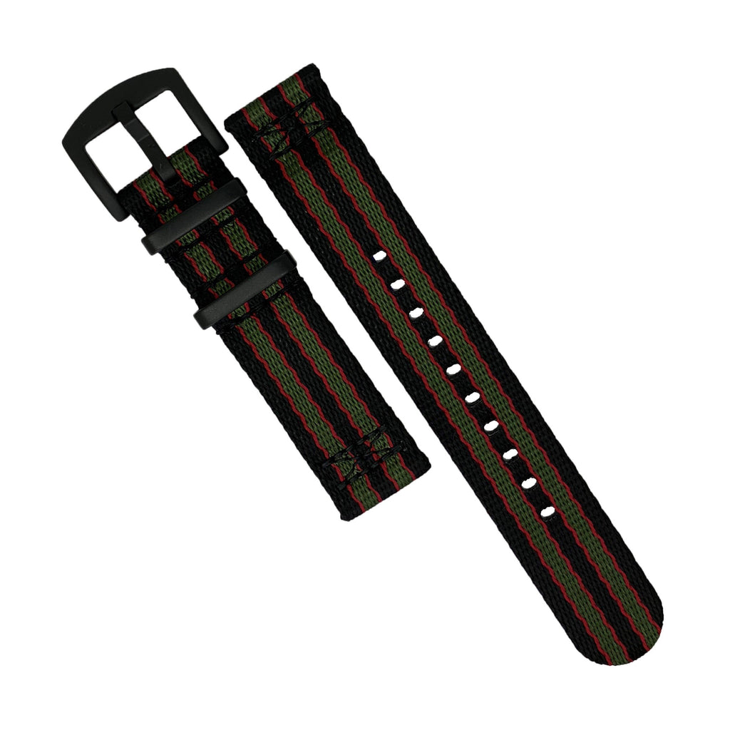 Two Piece Seat Belt Nato Strap in Black Green Red (James Bond) with Black Buckle (20mm)